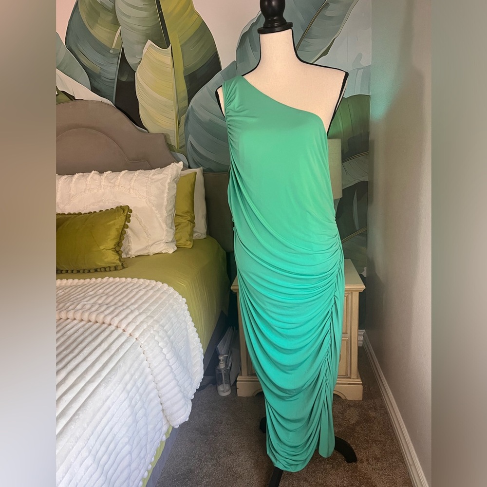 Maggy London Ruched One Shoulder Sheath Midi Dress Aqua Blue Size 18 Plus Size